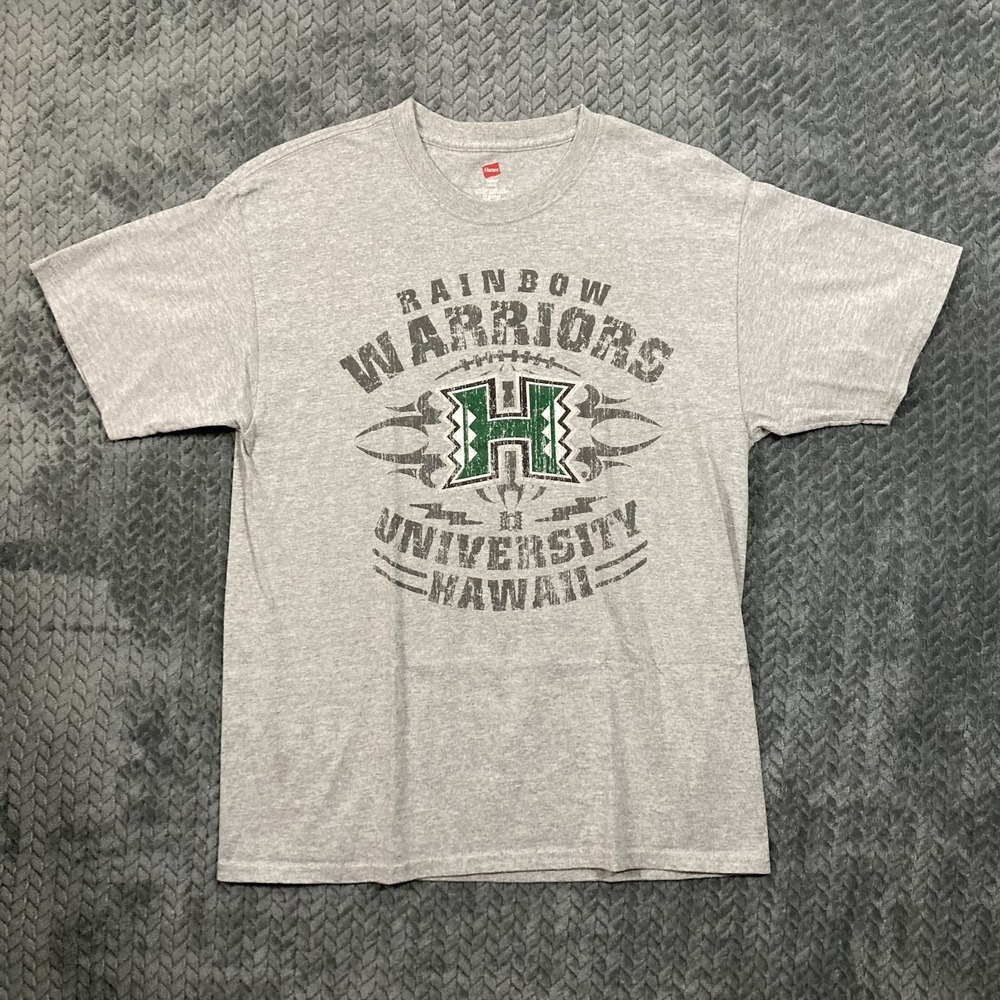 Hanes T-Shirt Men L Tagless Gray Hawaii Rainbow Warriors Football NCAA